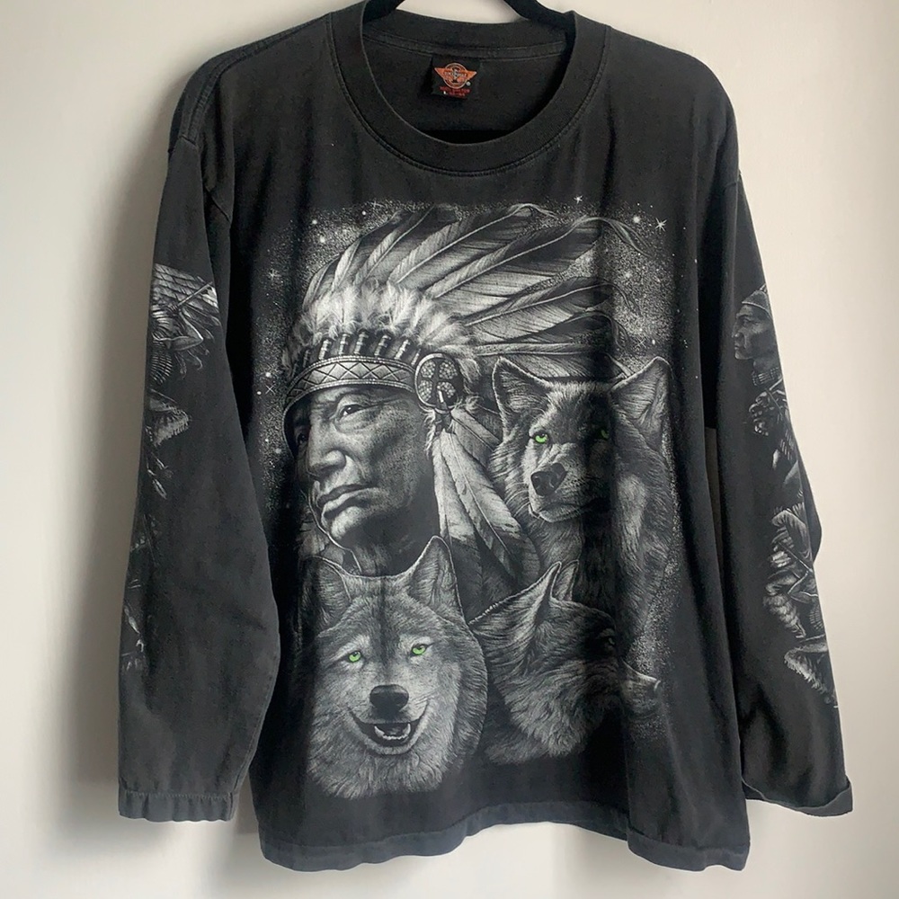 Rock Eagle Chief & Green Eyed Wolf Long Sleeve Tee